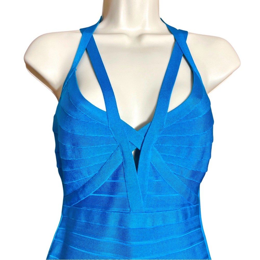 NWT Herve Leger LUCEE Bandage Dress Halter Cutouts Turquoise Max Azria M Bodycon - Picture 4 of 13